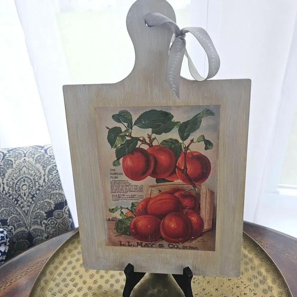 Upcycled Reversible Wood Cutting Board Sign – Vintage Plum & Winter Snowman